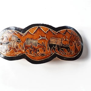 Vintage rustic ethnic carved wood hair barrette with harvesting scene peasant and donkeys