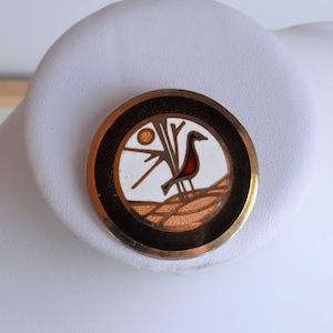Vintage anos 70 assinado De Passille Sylvestre designers Canadá Quebec broche de esmalte cloisonne com pássaro debaixo da árvore