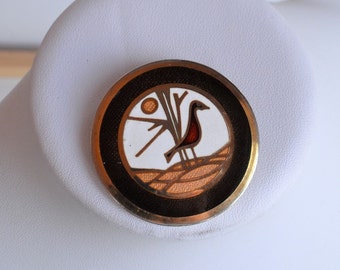 Vintage 70s signed De Passille Sylvestre designers Canada Quebec cloisonne enamel brooch pin with bird under tree