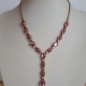 elegant Vintage AVON signed pink gripoix glass or plastic cabochons rhinestones copper lavalier lariat necklace