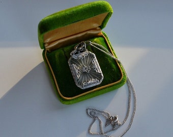 ART DECO carved camphor glass pendant necklace with encrusted marcasite and sterling silver setting vintage