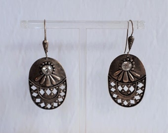 Large BOHO Vintage open work sterling silver 925 oval dangle earrings with zircon gemstone