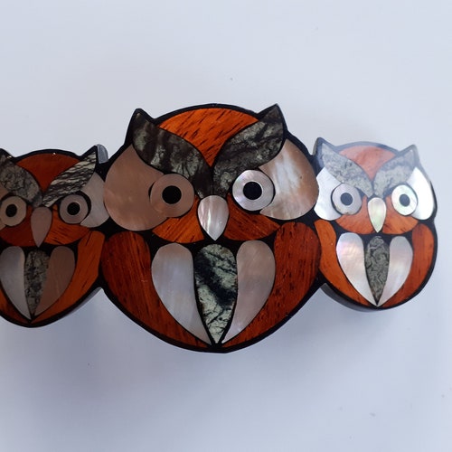 Newer worn Vintage LEE SAND jewelry set 3 owl hair shops barrette and brooch pin MOP mother of pearl wood fossil coral inlaid