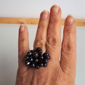 Statement vintage Tahitian black peacock cultured pearl cluster cha cha adjustable ring with dangling pearls