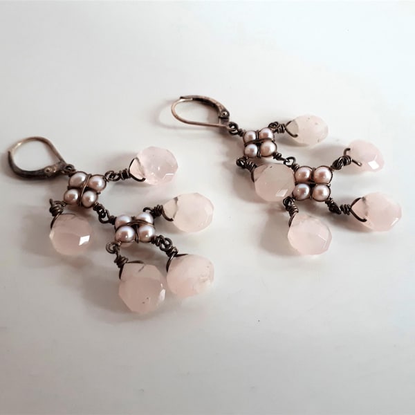 Vintage sterling silver pink rose quartz genuine micro pearl chandelier dangle earrings teardrop beads