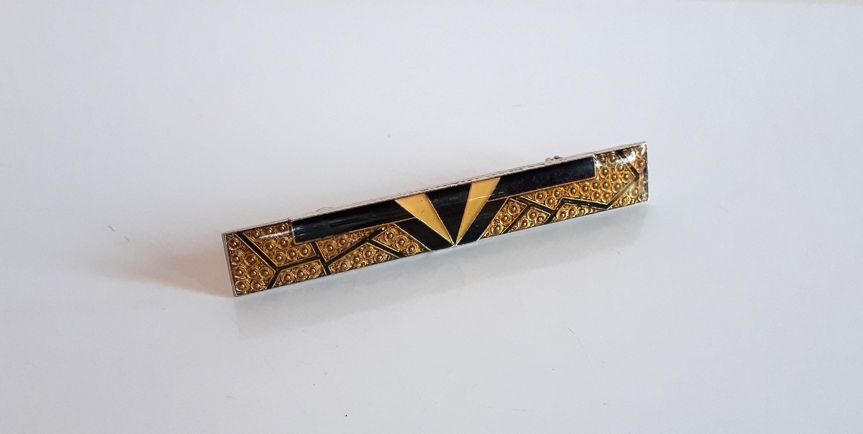 Vintage PIERRE BEX Art Deco revival bar brooch pin iridescent gold black glazed enamel