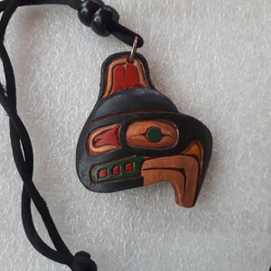 unisex vintage Native Canadian Art signed hand carved and painted wood bird eagle symbol pendant necklace