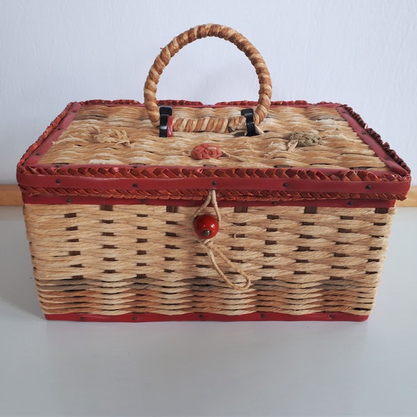 Small Vintage sewing basket with red satin interior