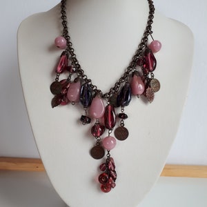 MARC LABAT Paris France heavy bib charm necklace purple pink glass dark copper, designer glass necklace, pink purple glass necklace