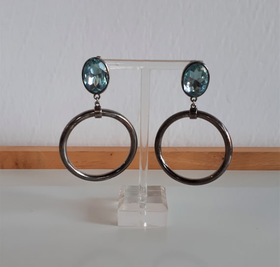 STATEMENT silver plate big oval blue crystal ston… - image 1