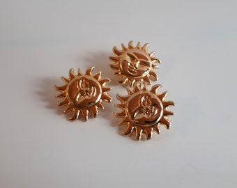 Lot 3 pcs vintage gold metal happy face man in the sun buttons for sewing crafting jewelry making