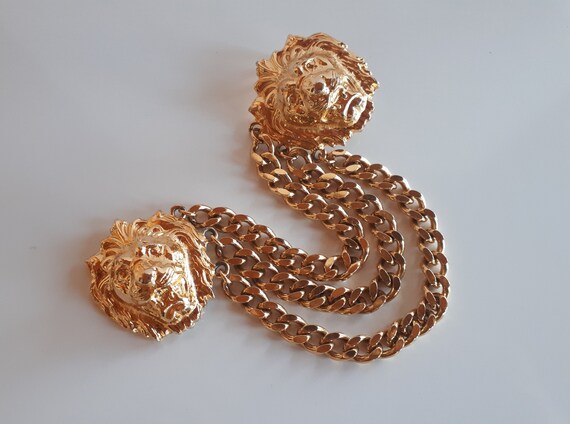 Vintage Accessocraft Lion Head Gold-tone Chain Belt Buckle  display picture 3