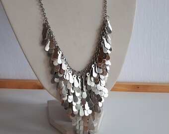 Vintage silver metal mesh scale cluster charm bib necklace disco belly dancer style