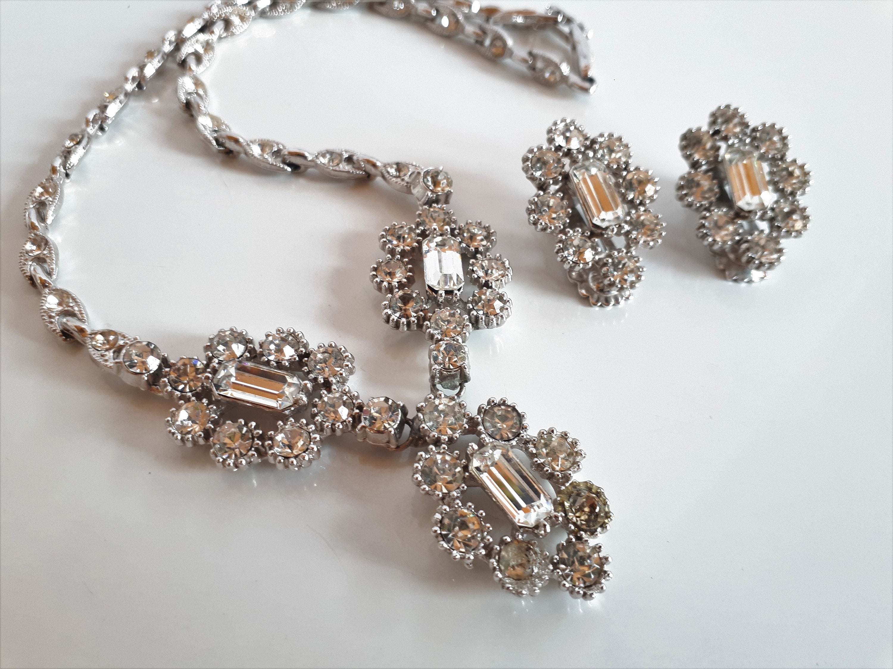 Vintage 50s CLAUDETTE Signed Rhodium Plate Crystal Paste Rhinestone ...