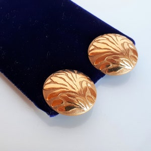 Large Vintage LANVIN Germany Designer Couture gold plate domed button clip earrings abstract tree high relief design image 2