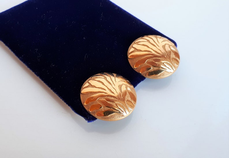 Large Vintage LANVIN Germany Designer Couture gold plate domed button clip earrings abstract tree high relief design image 2