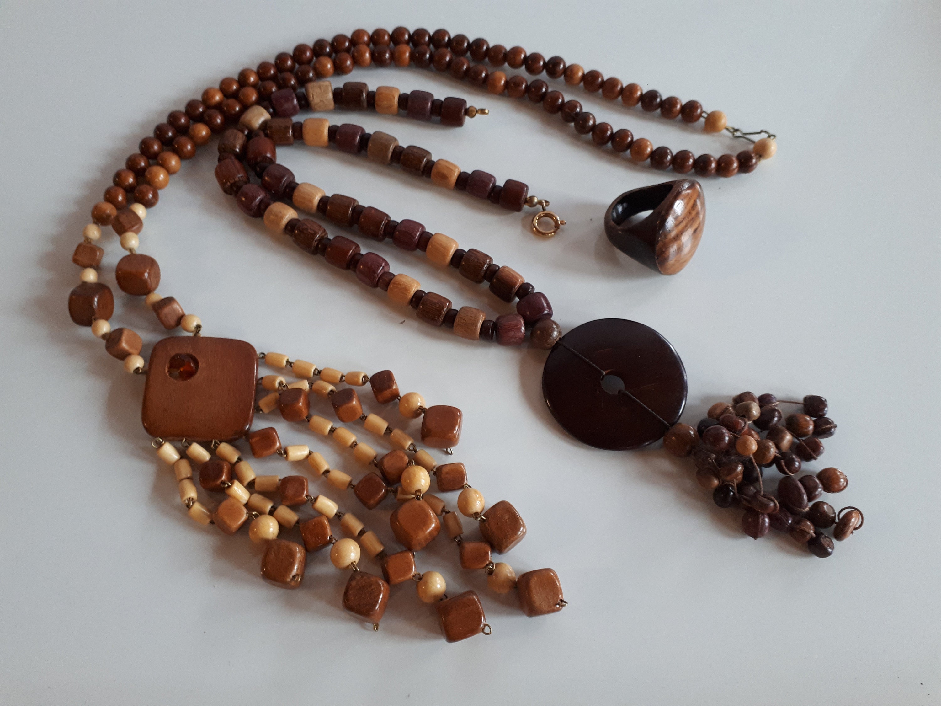 Vintage BOHO Lot Set 3 Pcs Carved Brown Wood Jewelry Ring