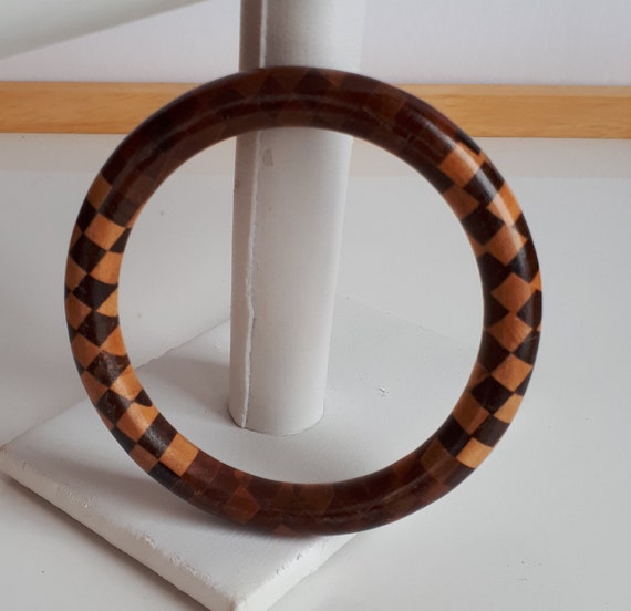 Vintage mixed wood marquetry mosaic bangle bracel… - image 3