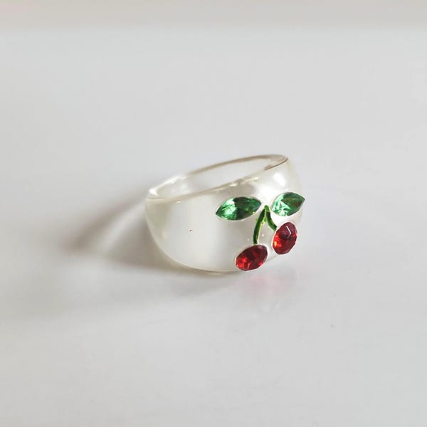 Vintage Lucite Cherry Ring, Rhinestone Leaves, Size 5