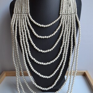 Designer RUNWAY oversize white glass pearl pectoral waterfall 9 rows bib necklace