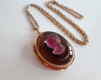 Big Vintage gold plate butterscotch glass purple pate de verre cameo locket pendant necklace with lady profile