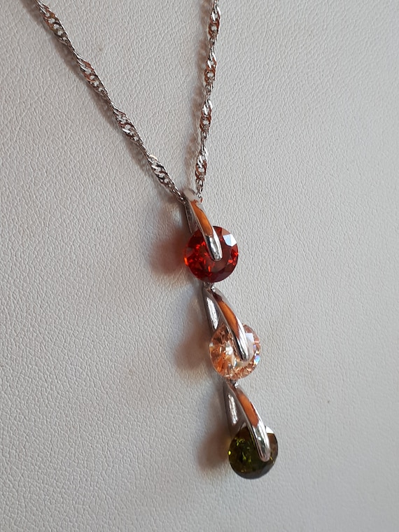 Vintage sterling silver 925 necklace with pink peridot green red Swarovski crystal long tiered pendant