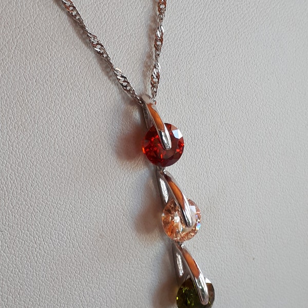Vintage sterling silver 925 necklace with pink peridot green red Swarovski crystal long tiered pendant