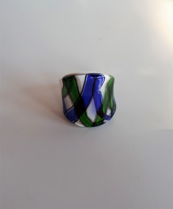 Glass ring, Cobalt blue green white clear lampwor… - image 4