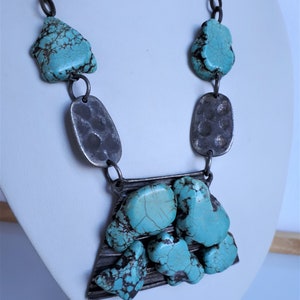 STATEMENT Vintage designer freeform genuine turquoise silver metal modernist bib necklace massive