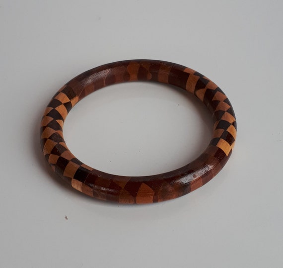 Vintage mixed wood marquetry mosaic bangle bracel… - image 5