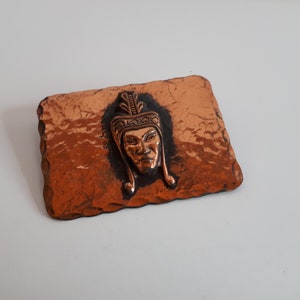 vintage 70s hammered copper Maya Aztec God head high relief brooch pin