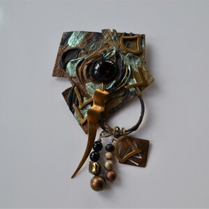 unique STATEMENT Vintage painted mixed material wearable art modernist dangle brooch pin bronze black color