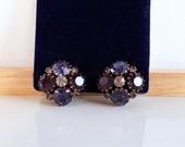 Vintage WEISS signed purple violet crystal rhinestones Maltese cross or flower clip earrings