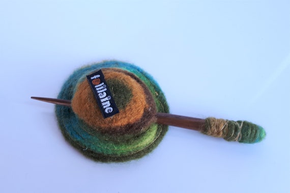 Vintage signed woven wool hair stick barrette gre… - image 2