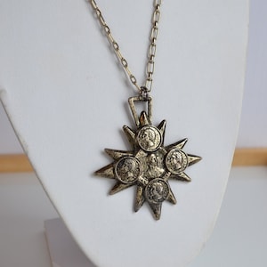 Vintage silver tone metal Maltese Cross and faux coins Statement Necklace