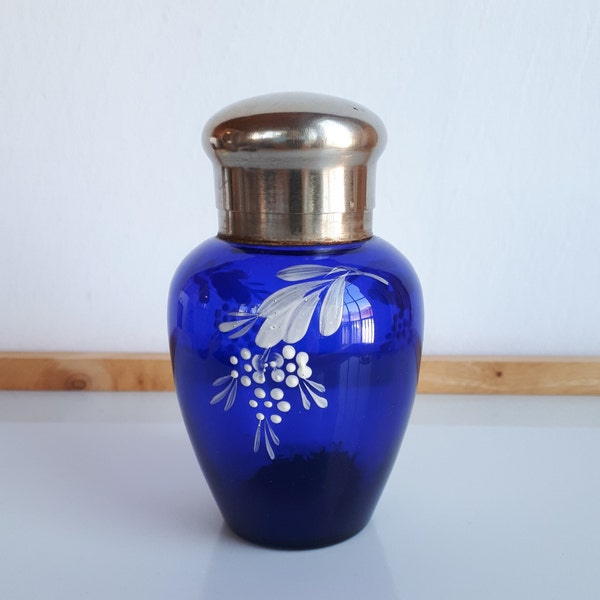 Antique MARY GREGORY signed painted white enamel flowers on blue cobalt glass perfume bottle with metal lid, cosmetic container, vanity,