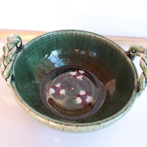 Green glazed ceramic pottery with red accent bowl vintage signed decorative