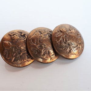 Antique French lot 3 pcs brass domed buttons with coat of arms rampant lion and unicorn high relief design