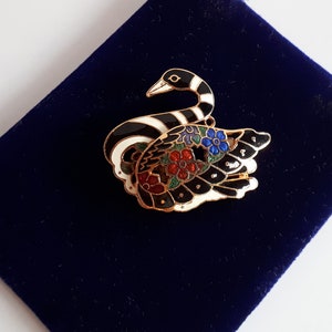 Big Vintage gold metal colorful cloisonné enamel Swan bird brooch pin