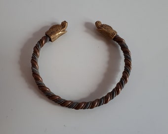 BOHO vintage twisted rope mixed metals copper brass cuff bracelet with animal heads unisex men women