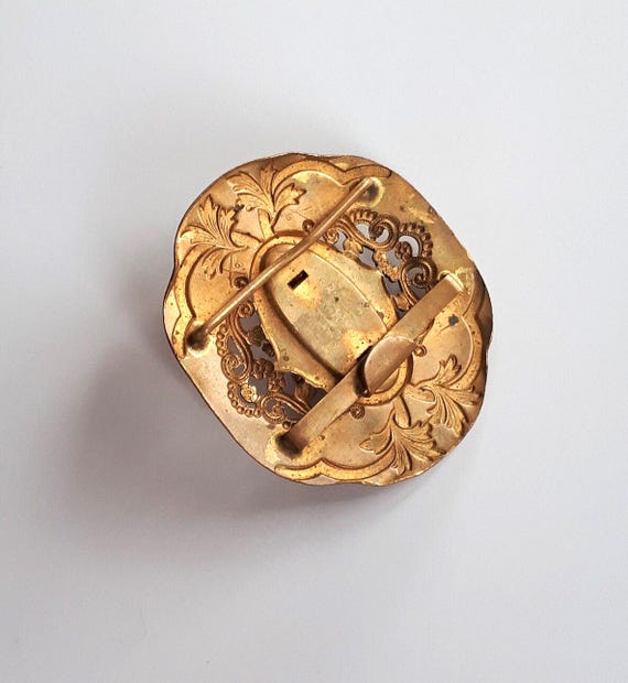 Antique Victorian Gold Plated Floral Belt Buckle, Rhinestone  display picture 3