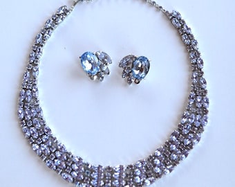 Vintage Sherman signed lilac lavender blue rhinestone jewelry set choker Necklace clip on Earrings