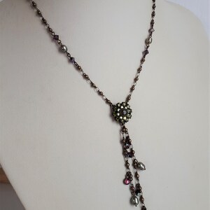 Delicate vintage LIZ PAIACIOS signed brass peacock pearl green purple crystal rhinestone lavalier adjustable necklace