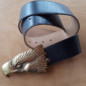 Vintage SIMON CHANG signed unisex black leather belt with huge dramatic eagle head brass buckle