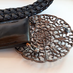 Vintage Statement BOHO couture braided black leather gun metal filigree buckle dangle charms women's belt image 8