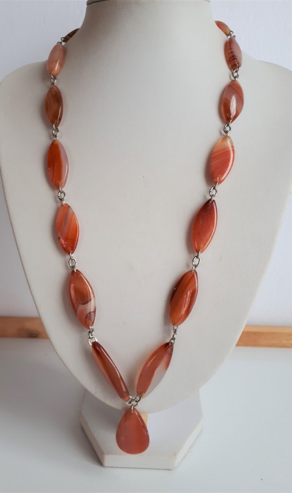 Vintage red banded agate carnelian beaded necklac… - image 1
