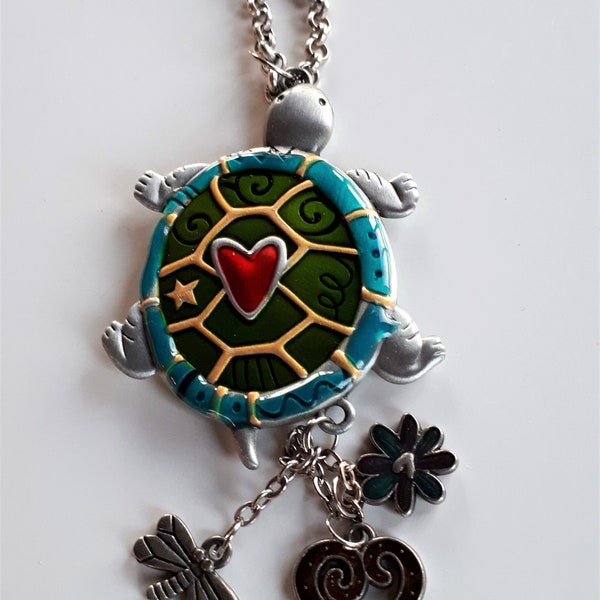 Double sided colorful enamel brushed silver metal turtle with red heart and charms pendant necklace