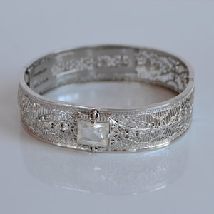 Art Deco signed silver metal filigree Paste or clear Gemstone hinged Bracelet, bridal wedding jewelry,