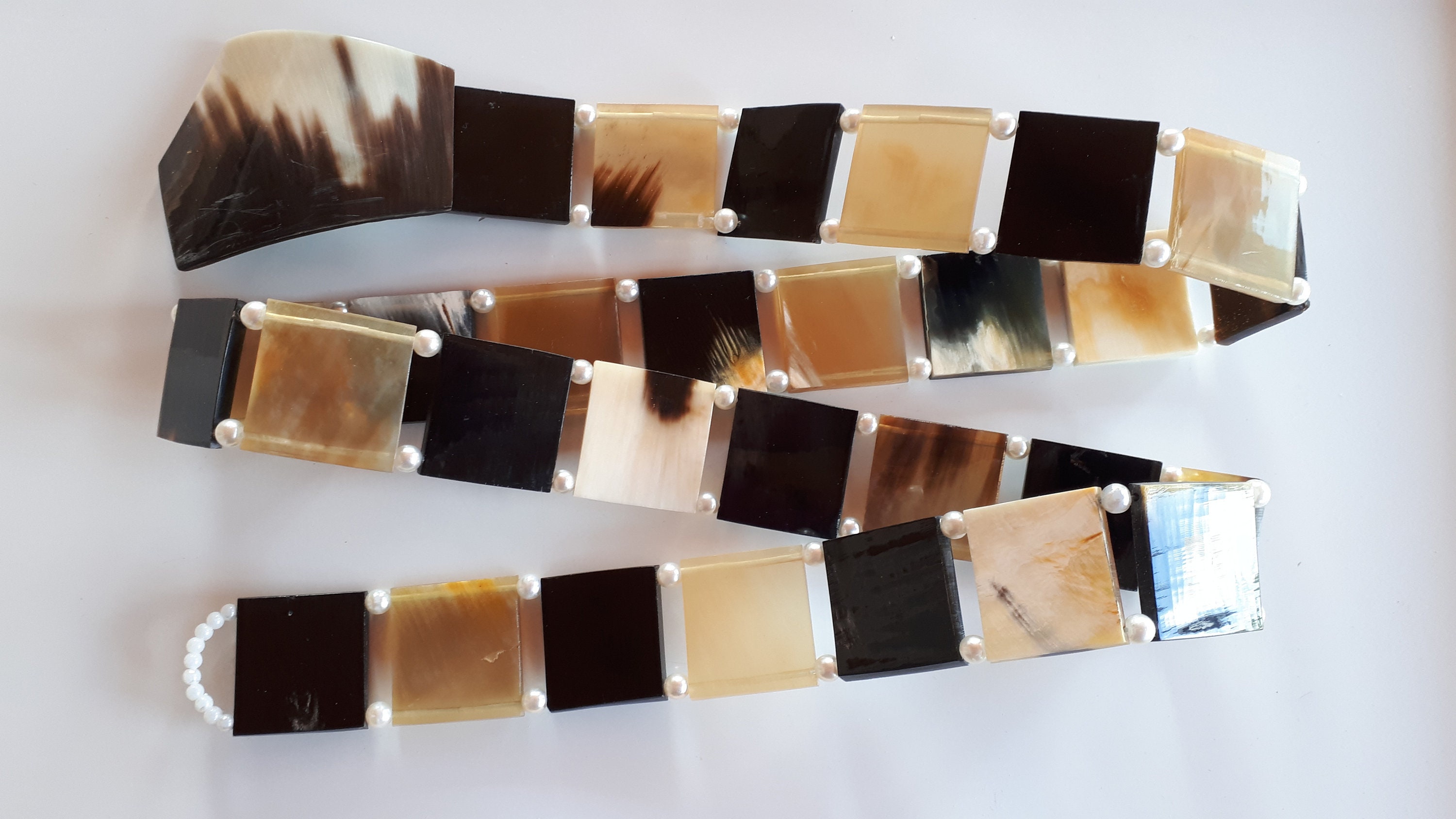 Vintage BoHo Panel Link Brown Horn Belt 1970s Linked Suede Leather Brown Tan Boho Hippie Tie  main image 4