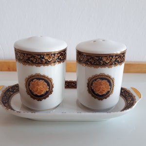 Vintage France T. LIMOGES signed Bacchus collection white porcelain gold paint black accent salt and pepper shaker set with plate